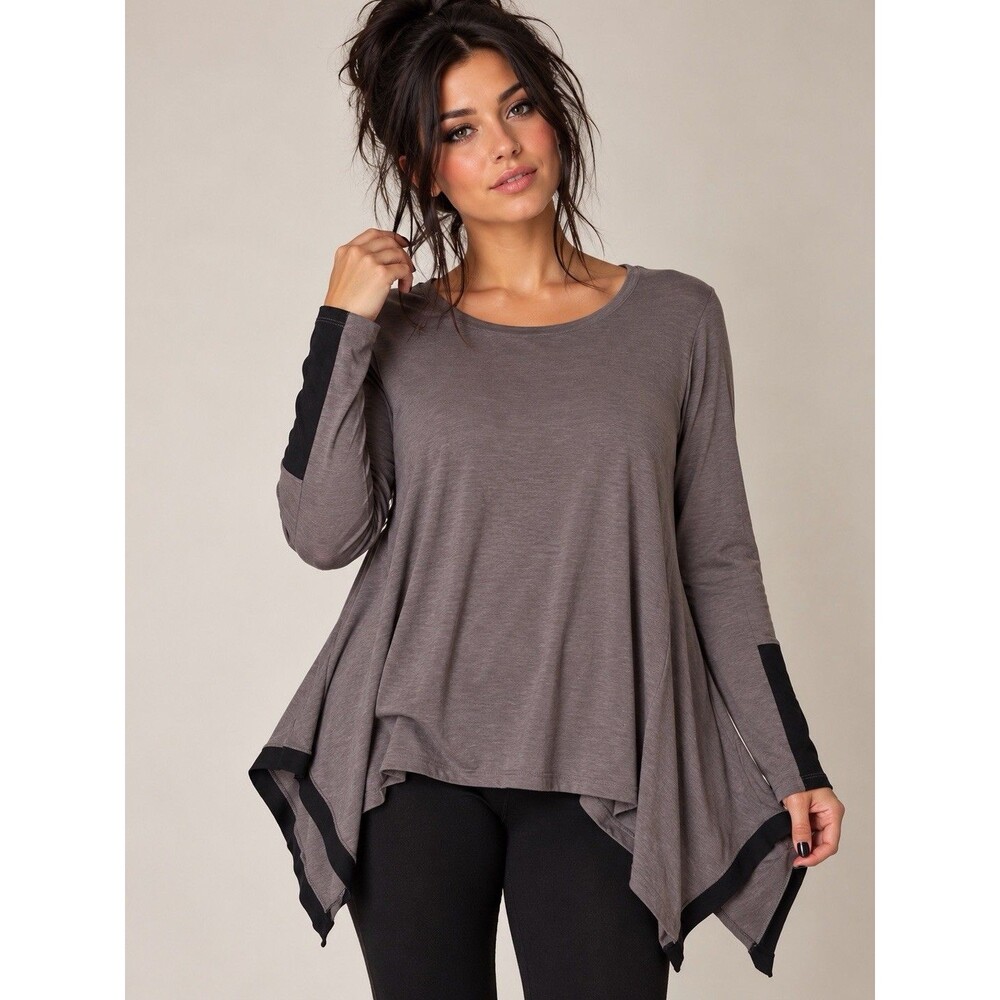 Three Dots Women’s Small Gray Black Trim Asymmetrical Sharkbite Tunic Top